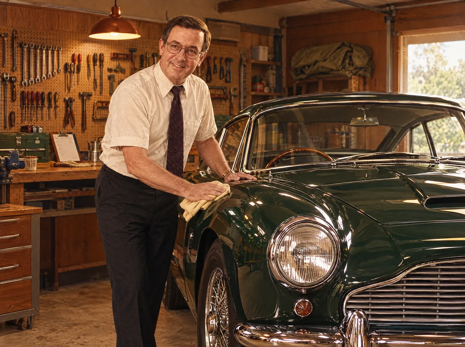 Gary polishing a green classic sports car in a home garage