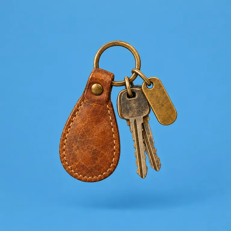A set of 1970s car keys on a leather fob