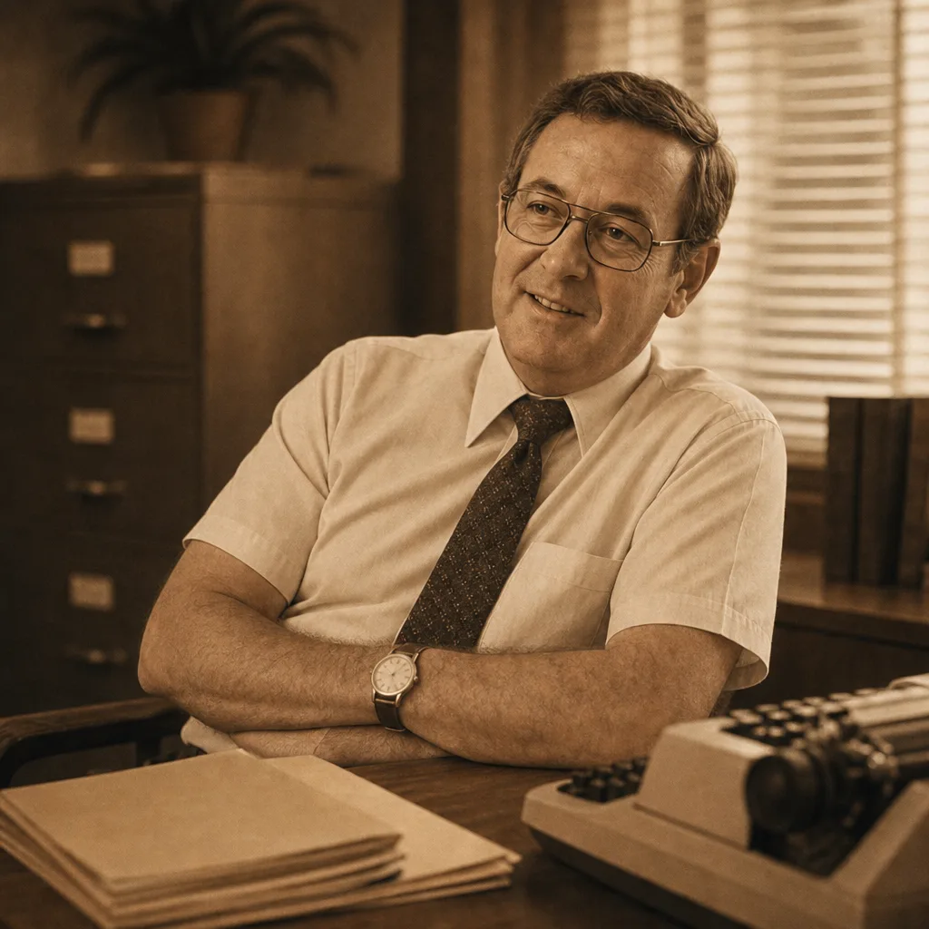Gary at his desk, arms folded