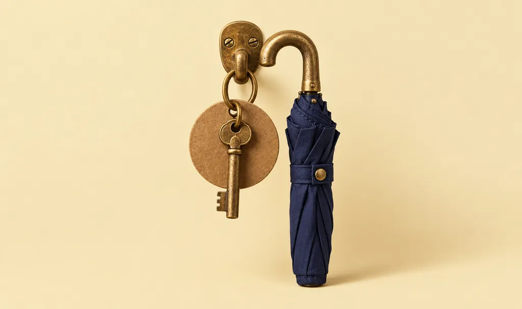 An office key on a hook beside a folded umbrella, illustrating run-off cover after a business closes