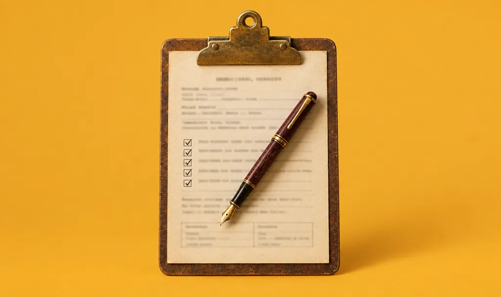 A cyber insurance proposal form on a clipboard with ticked boxes and a fountain pen
