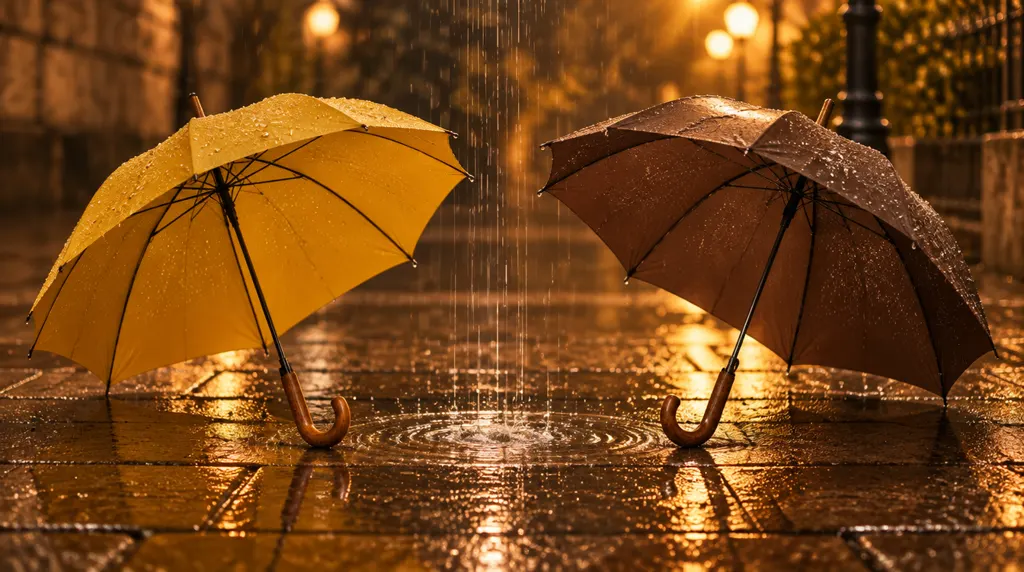 Two open umbrellas side by side in the rain with a gap between them where rain falls through