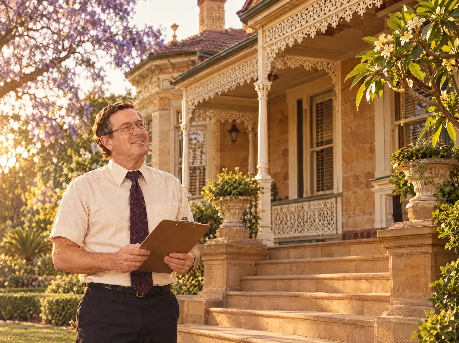 Gary with a clipboard on the sandstone steps of a grand Federation home