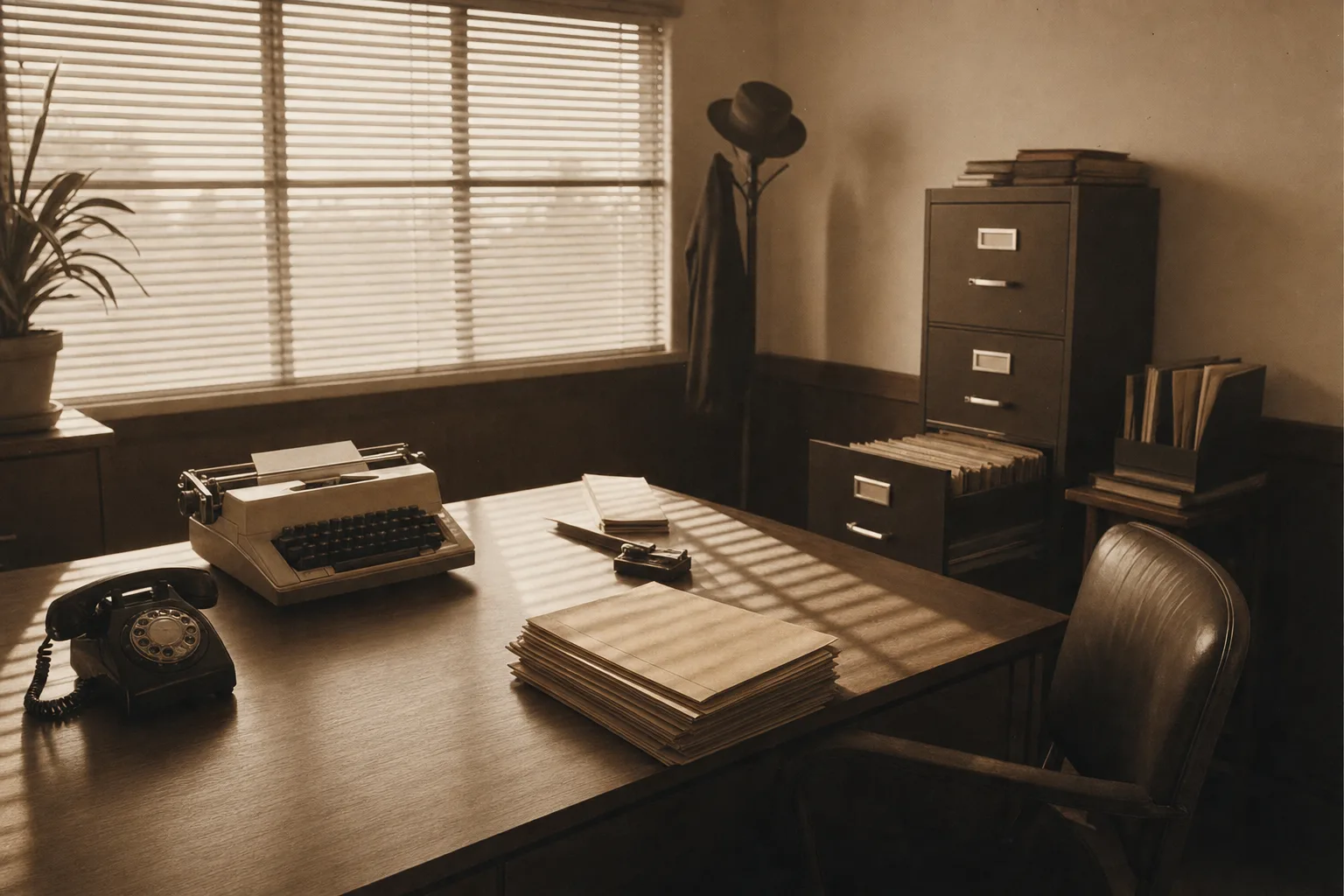 The office desk with typewriter and folders