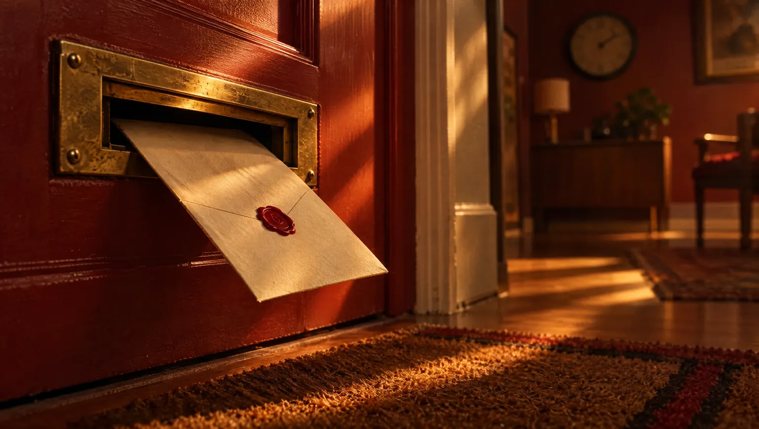 A sealed envelope pushing through an office mail slot