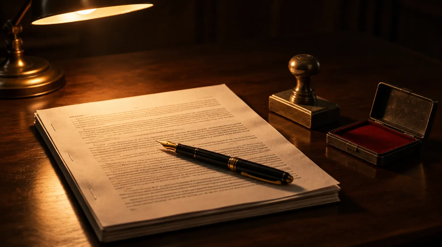 A thick contract under a desk lamp with a fountain pen, a rubber stamp and an ink pad