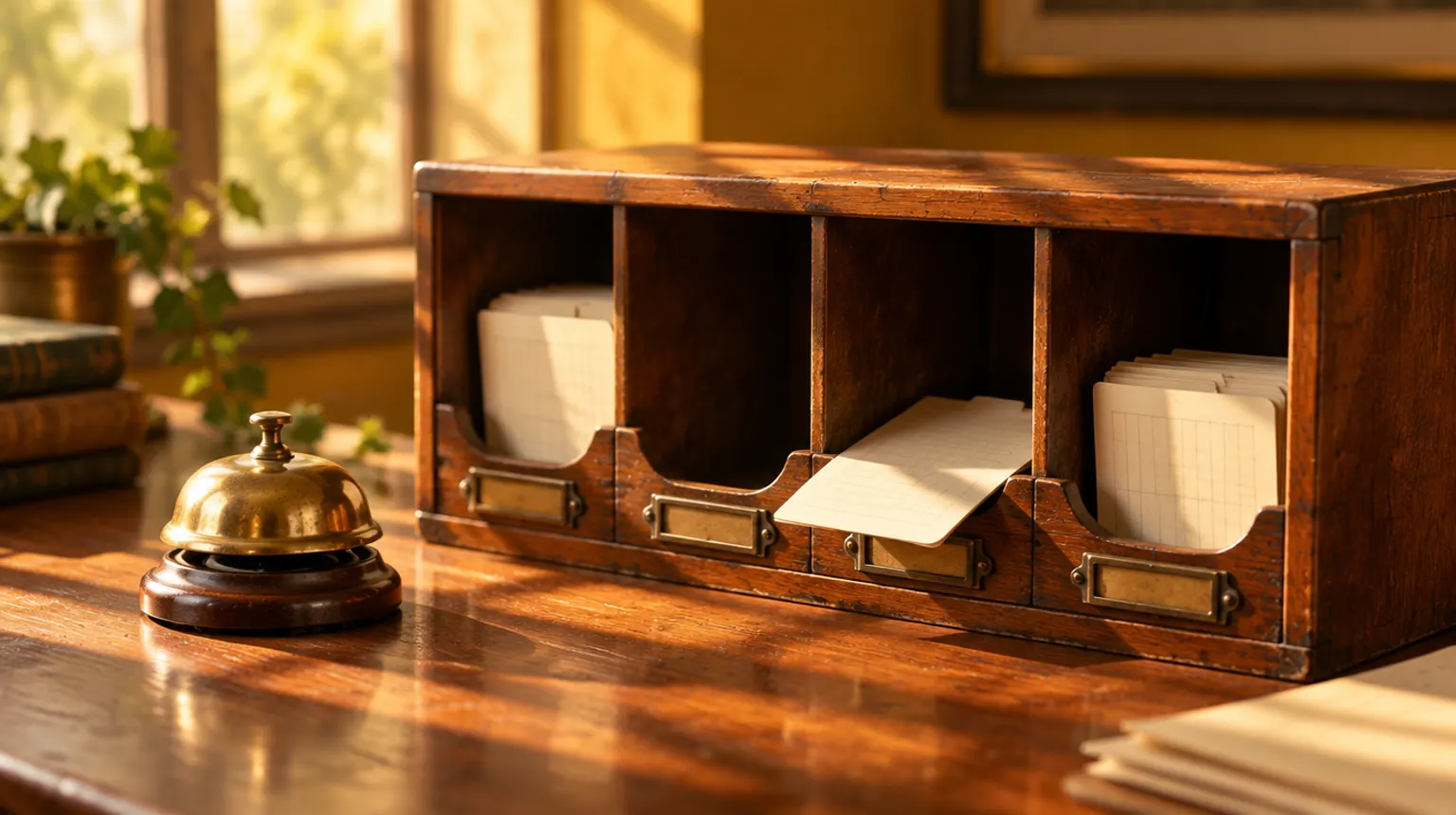 An old wooden pigeonhole sorting cabinet with index cards filed into its slots
