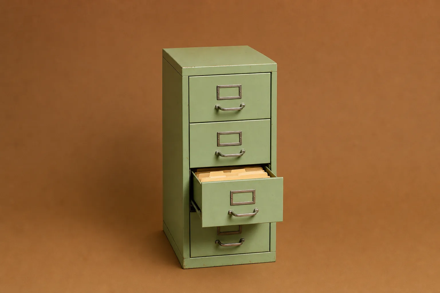 A small steel filing cabinet with one drawer open