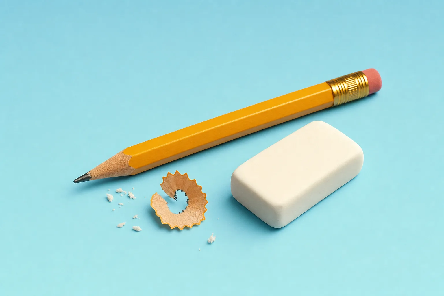 A pencil, an eraser and a sharpener shaving