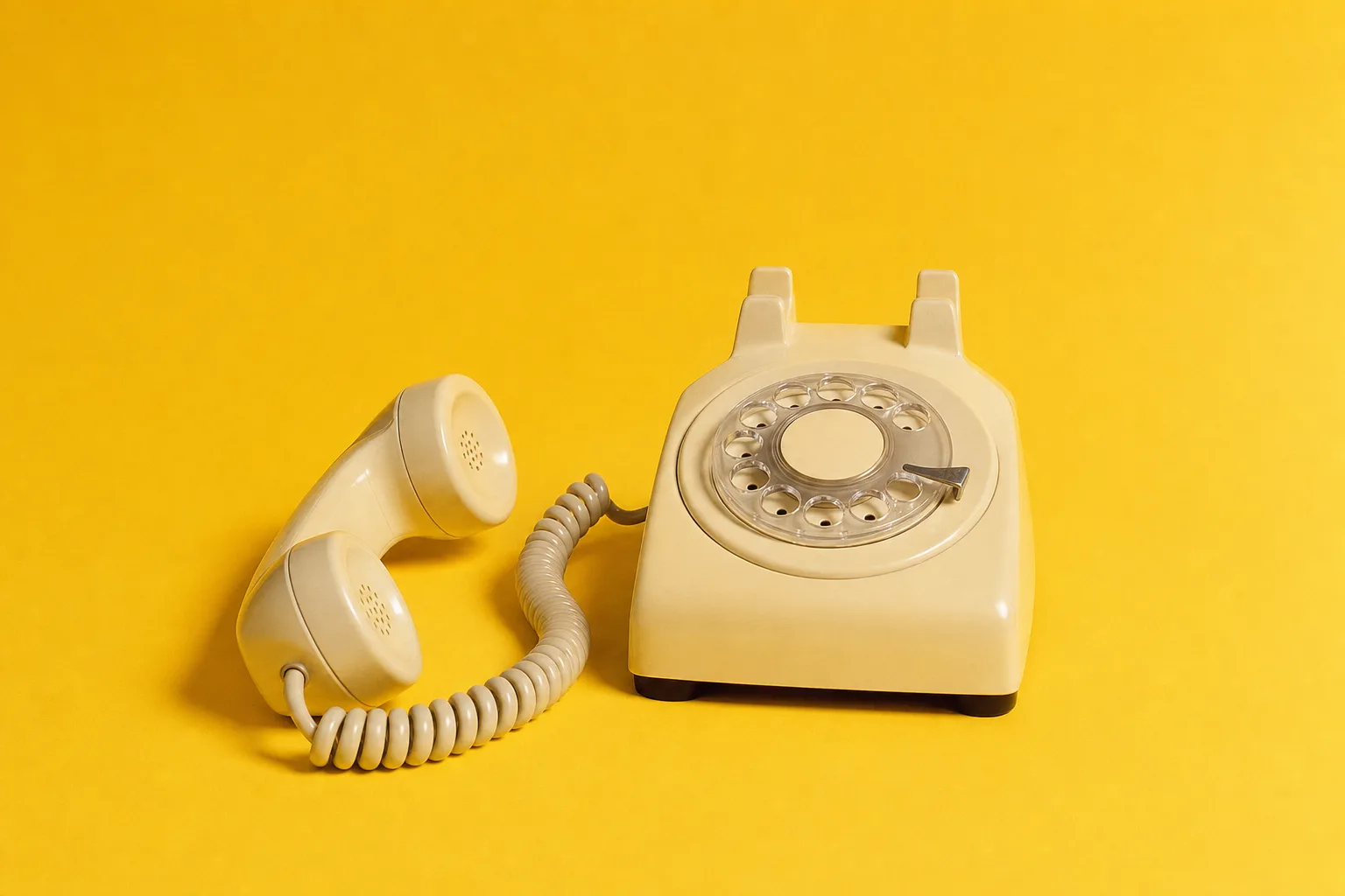 A cream rotary telephone with the receiver lifted off the cradle