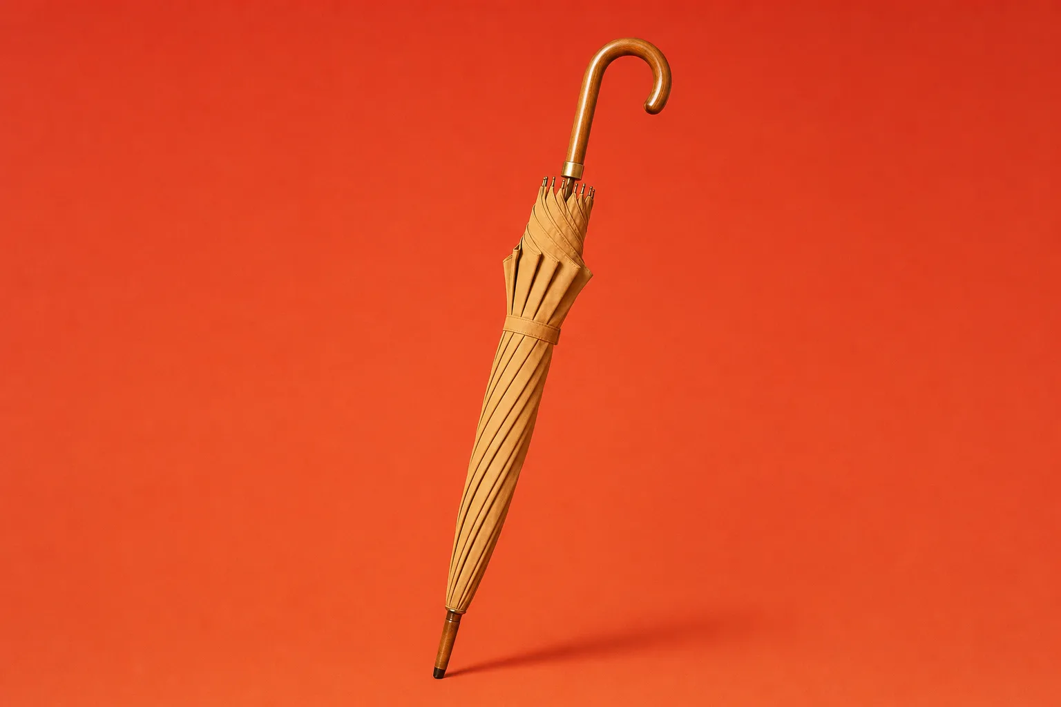 A furled vintage umbrella with a timber handle
